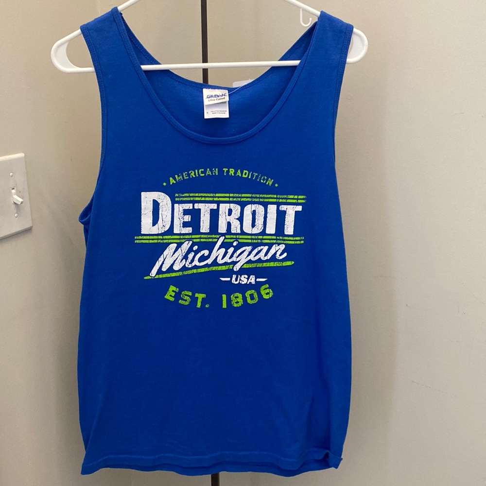 Gildan Ultra Cotton Detroit Michigan Blue Neon Green Souvenir Muscle Tank S